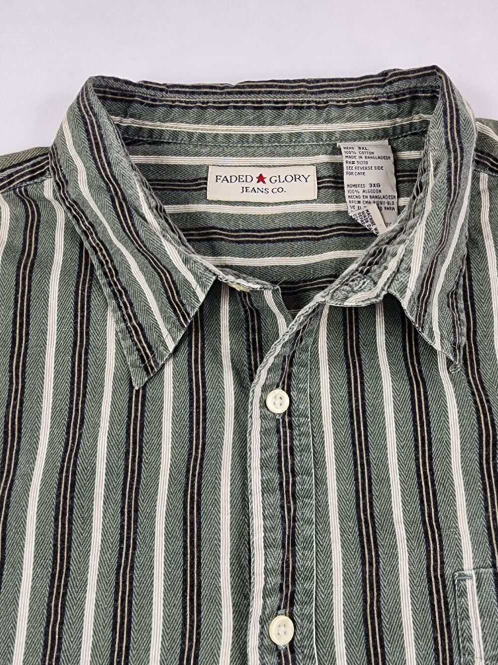 VTG Faded Glory Mens 3XL Green Stripe Flannel Cotton ButtonUp Shirt Short Sleeve